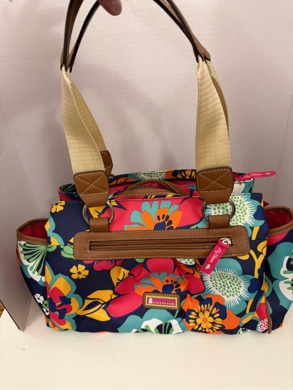 Sakroots Navy Multicolor Floral Tote with Tan Accents